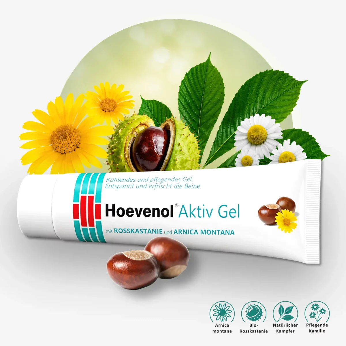 Alternatives Produktfoto HoevenolAktivGel mit Inhaltsstoffe mit Abbildungen und Produkt Tube