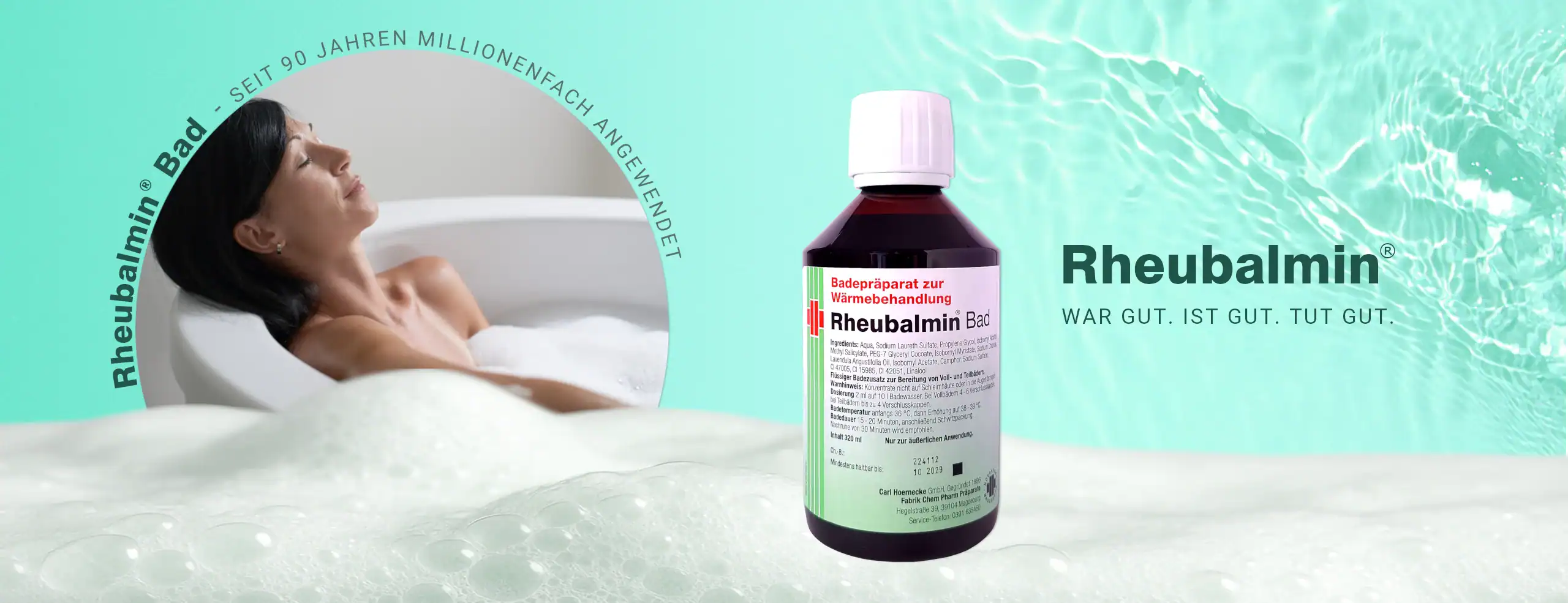 Dame in der Badewanne, Badesschaum, Geniessen, Produktbild Rheubalmin Bad 320ml