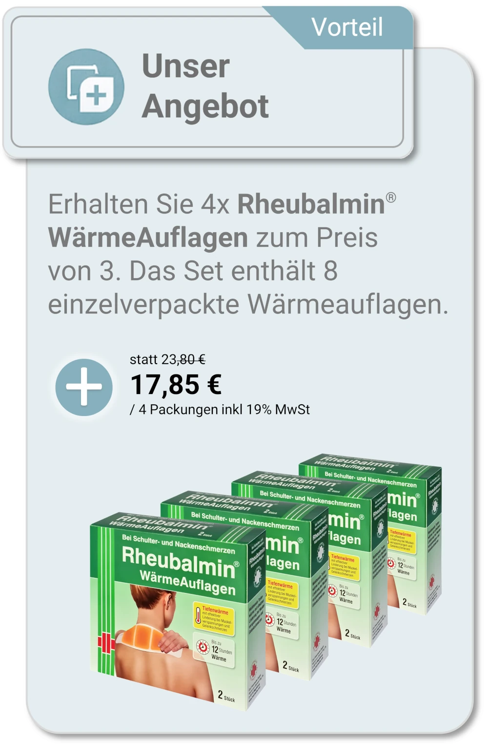 Erhalten Sie 4x Rheubalmin® WärmeAuflagen zum Preis von 3. Das Set enthält 8 einzelverpackte Wärmeauflagen -Mobile Version