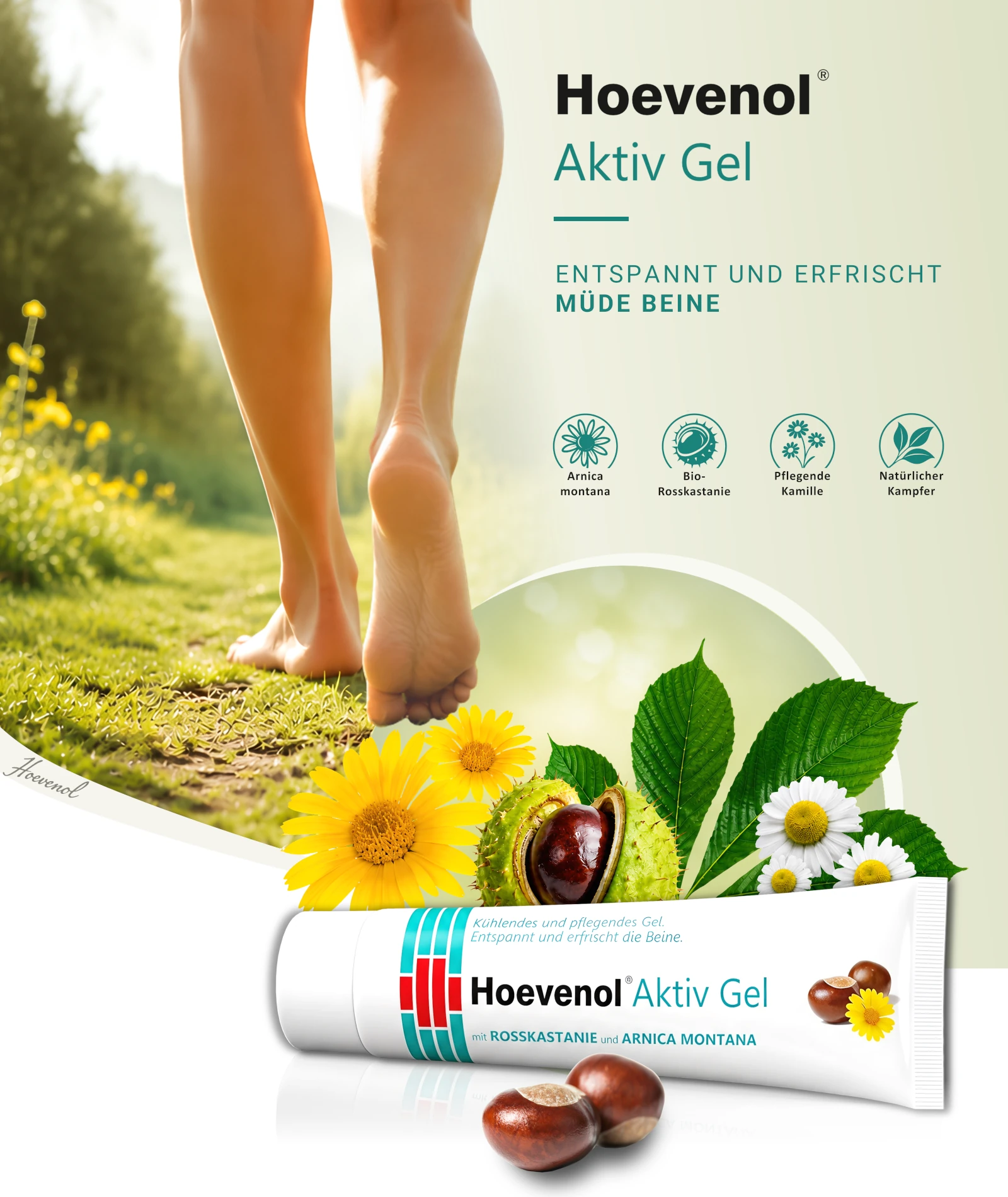 Hero Produktbild für Mobile/Tab. Hoevenol Aktiv Gel, Beine und Inhaltsstoffe mit Produktbild. Entspannt und erfrischt müde Beine