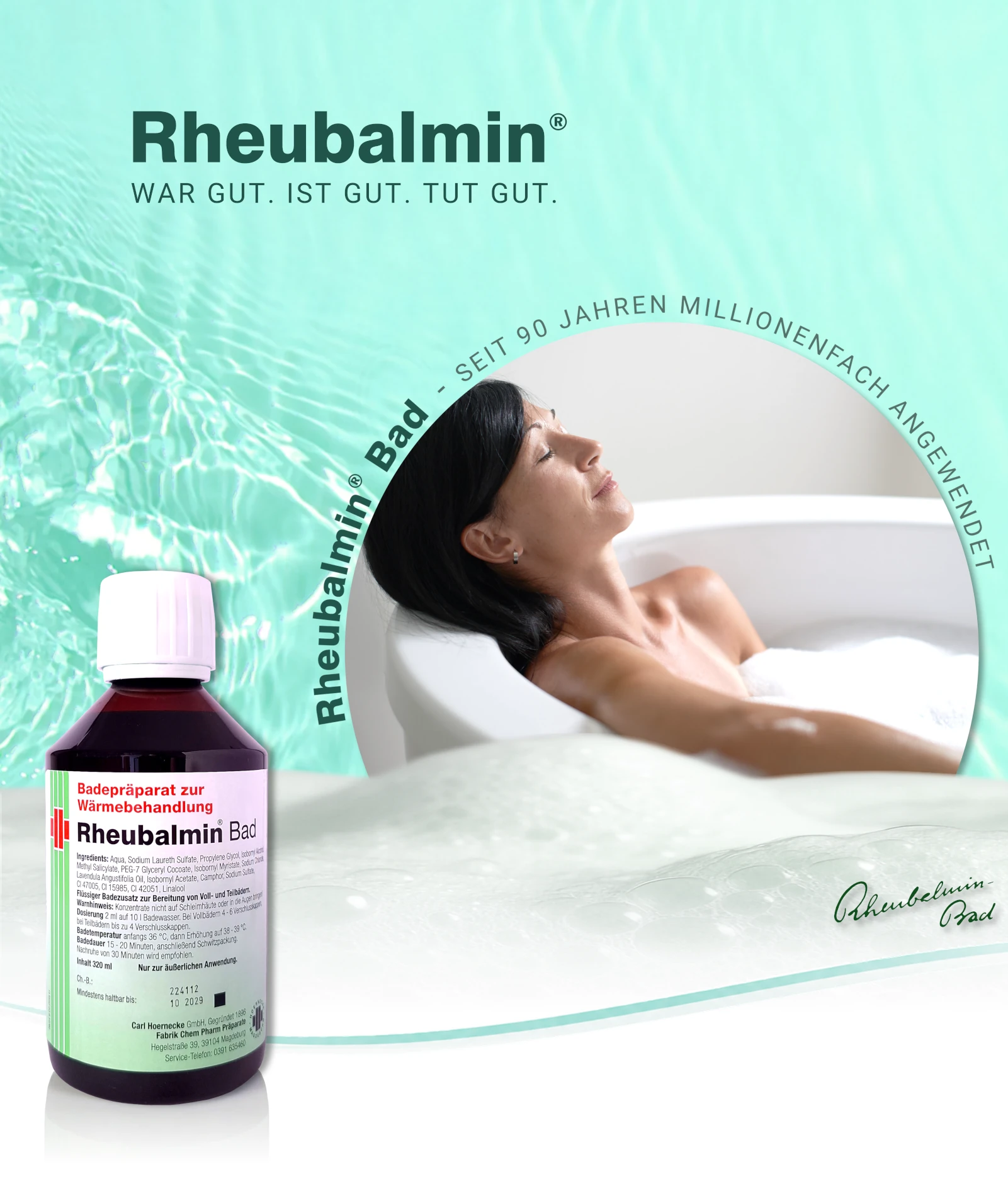 Dame in der Badewanne, Badesschaum, Geniessen, Produktbild Rheubalmin Bad 320ml. Tablet/Mobile