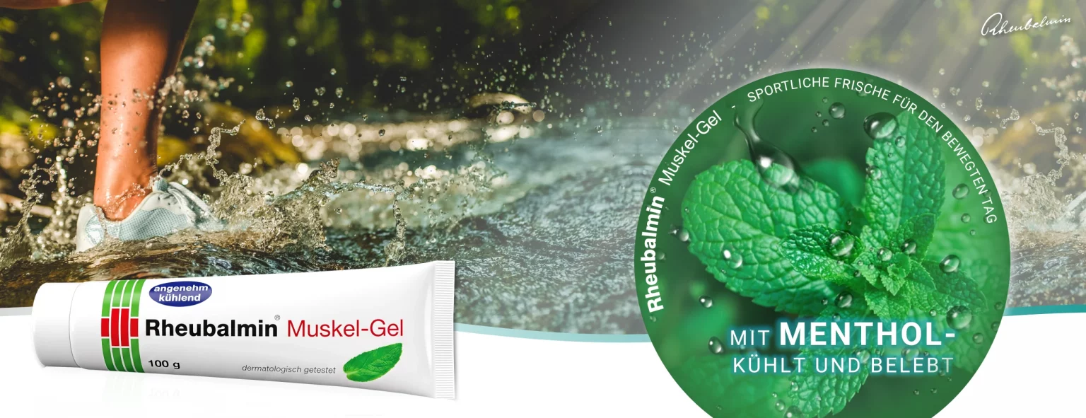 RHEUBALMIN Muskel-Gel Banner mit Bewegungsmotiv und Menthol