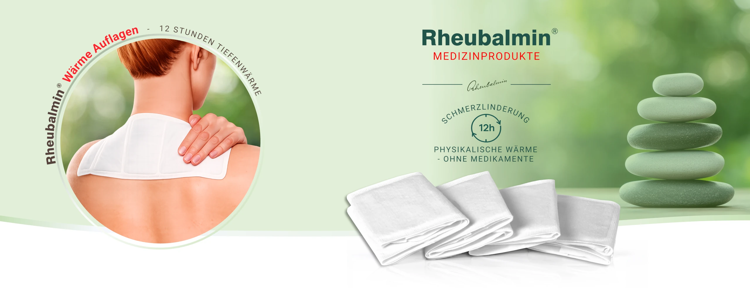 Hero Banner für Rheubalmin WärmeAuflage. Medizinprodukt. Schmerzlinderung ohne Medikamente. Frau mit Nackenpflaster