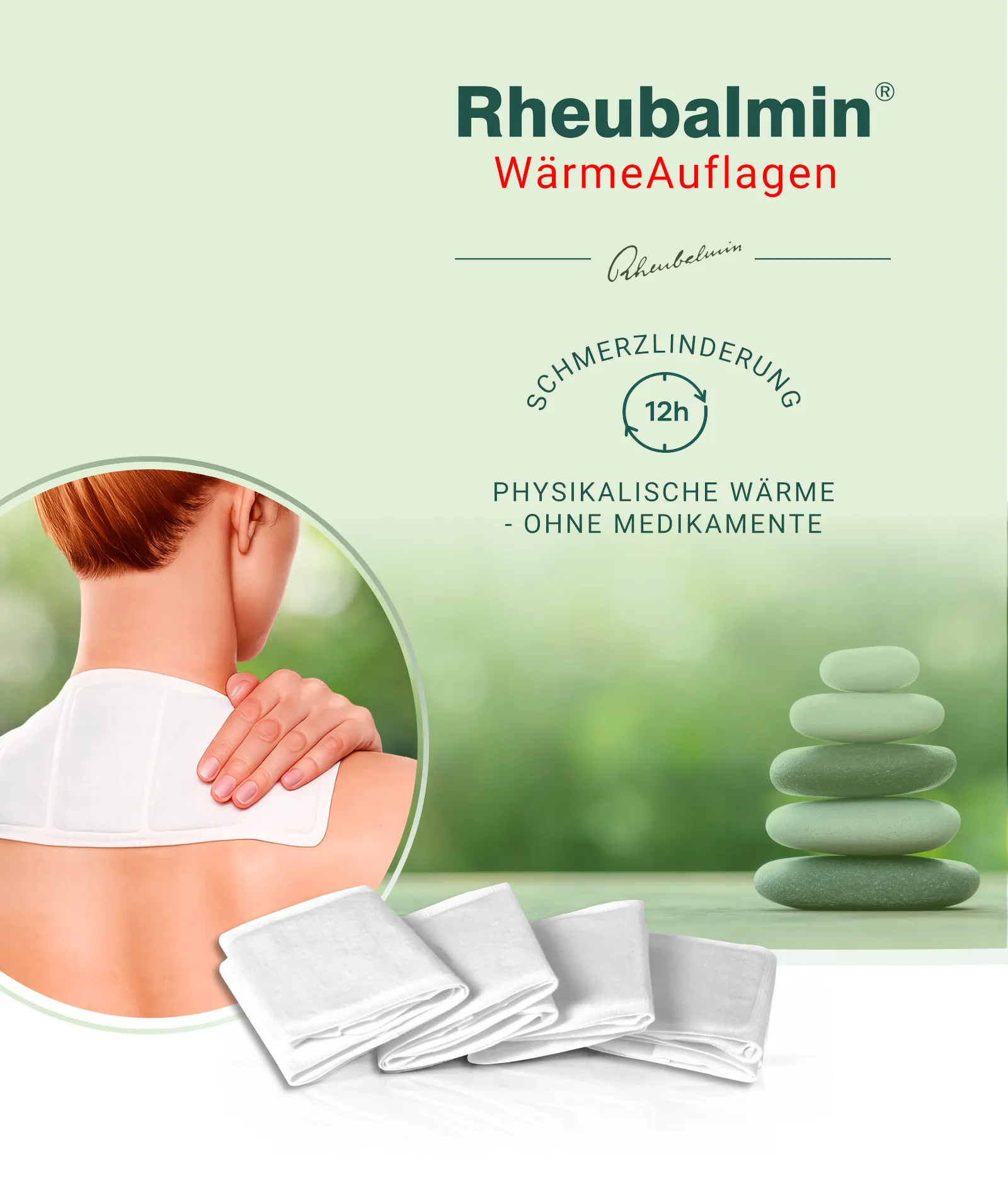Hero Banner für Rheubalmin WärmeAuflage. Medizinprodukt. Schmerzlinderung ohne Medikamente. Frau mit Nackenpflaster - Mobile