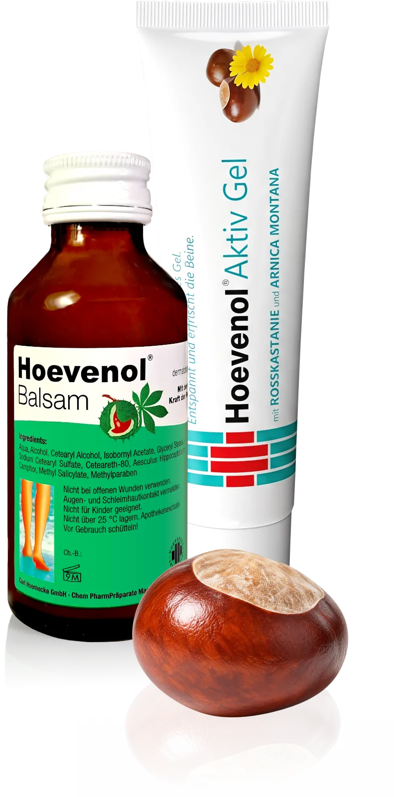Hoevenol Balam und Aktiv Gel Produktbild mit Rosskastanie, Schatten